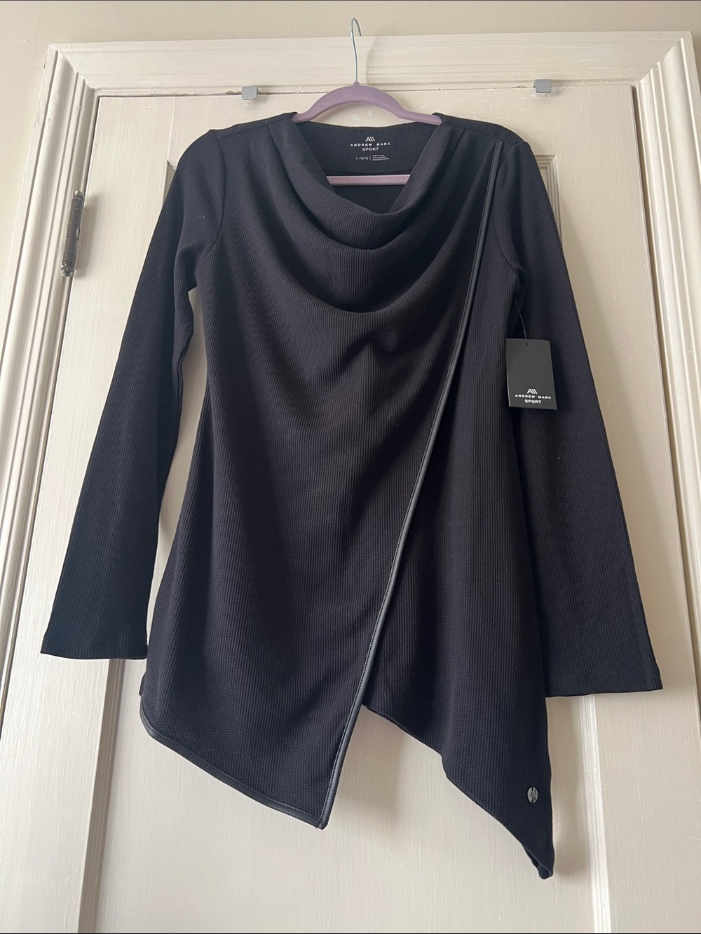 Andrew Marc Black Asymmetrical Faux-Leather Trim Long Sleeve Top